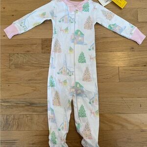 White Baby Footed Sleeper with Pastel Holiday Print and Pink Trim